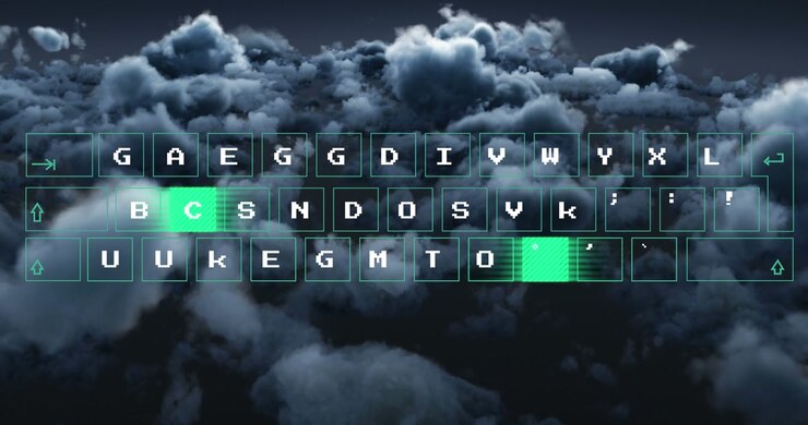 Animation of data processing on computer keyboard over clouds