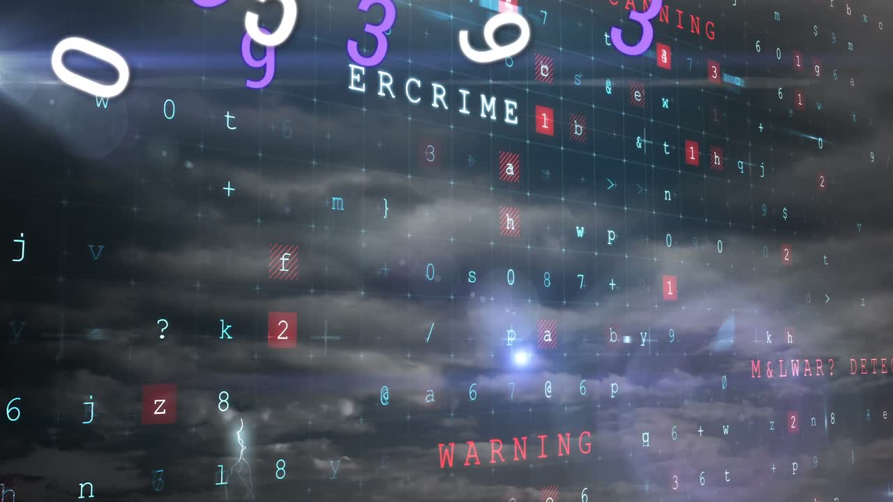 Animation of numbers and computer code processing over cloudy sky