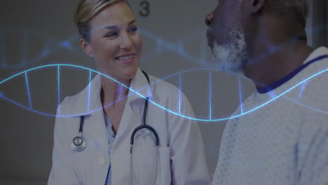 dna strand animation over doctor and patient in medical consultation