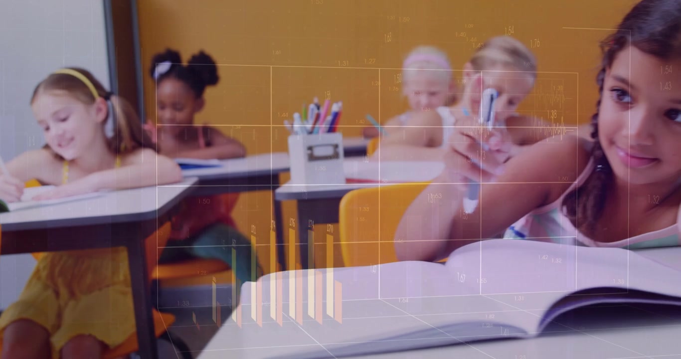 Rapaz a escrever enquanto a câmara se afasta, gráficos a surgir sobre os alunos a completar o trabalho escolar