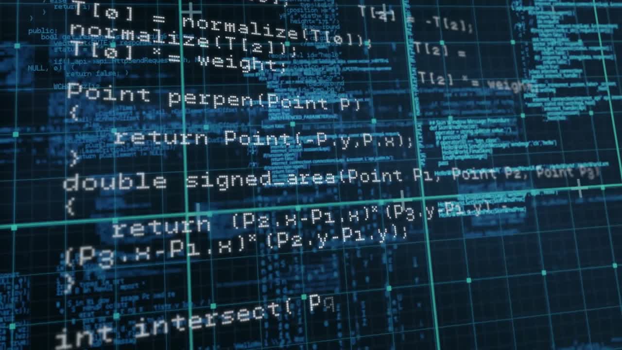 Otevírající se kód C++ posouvající se nahoru na mřížce, vizualizující síťové a geometrické funkce.