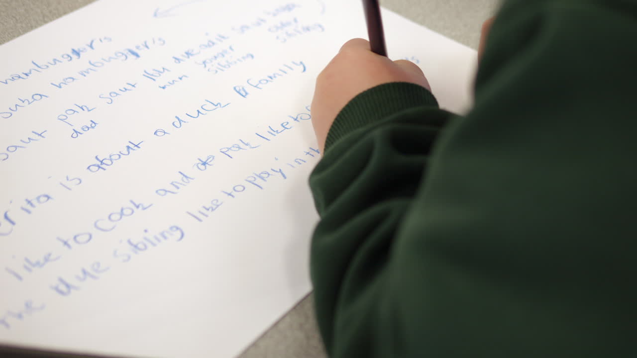 Young Student In Classroom Writing A Story With A Pencil Left Handed