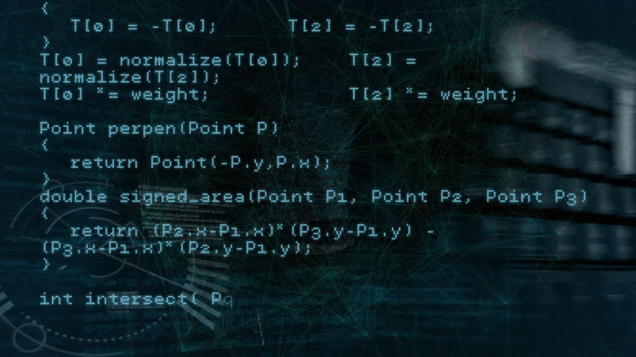 Animation of data processing and network of connections over black background