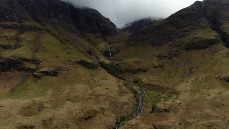 toma aérea de una pequeña cascada ubicada en el valle de las tierras altas de glencoe