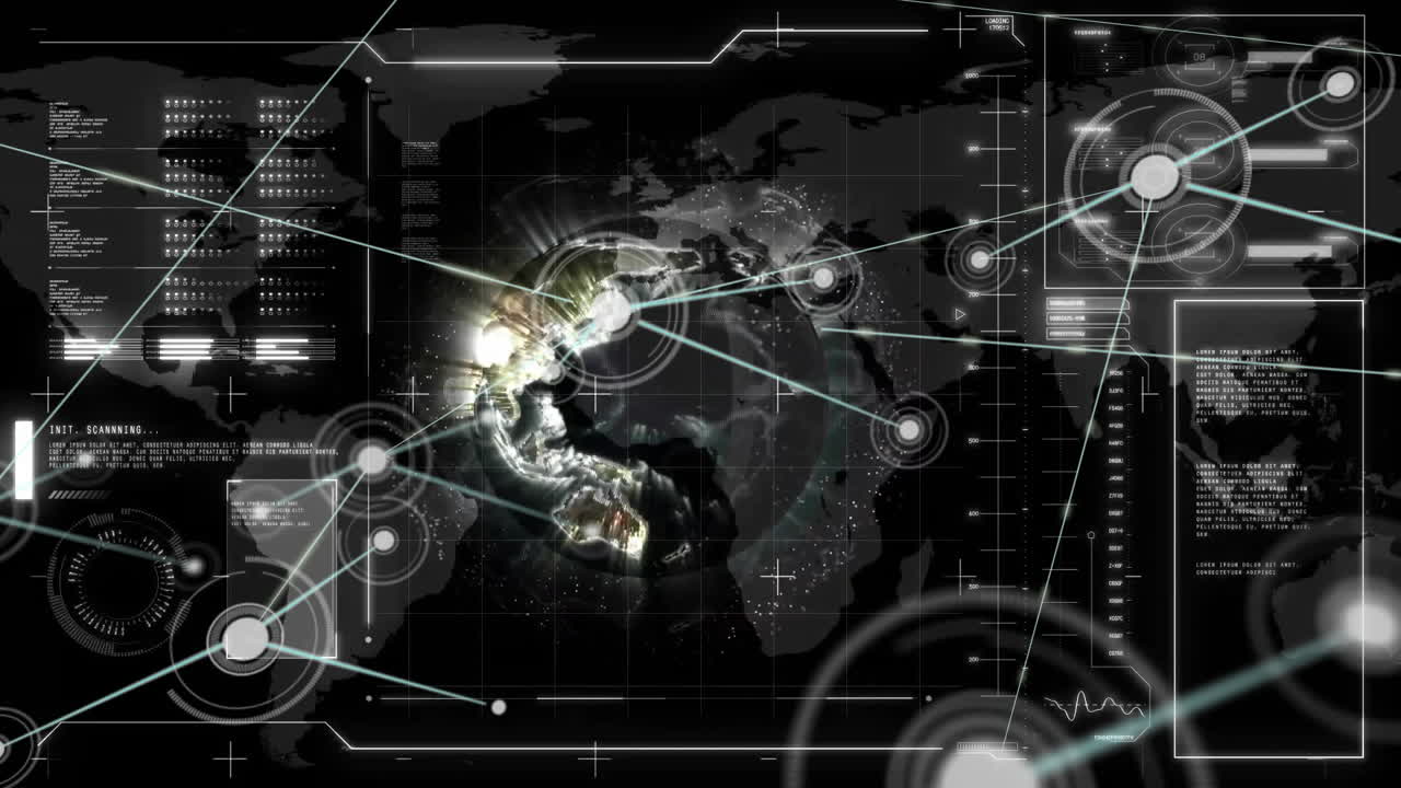 Animation of network of connections over globe and data processing on black background