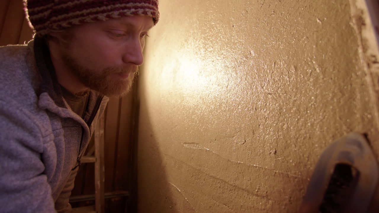 Scandinavian man uses a Japanese trowel to finish a clay plaster wall, diy