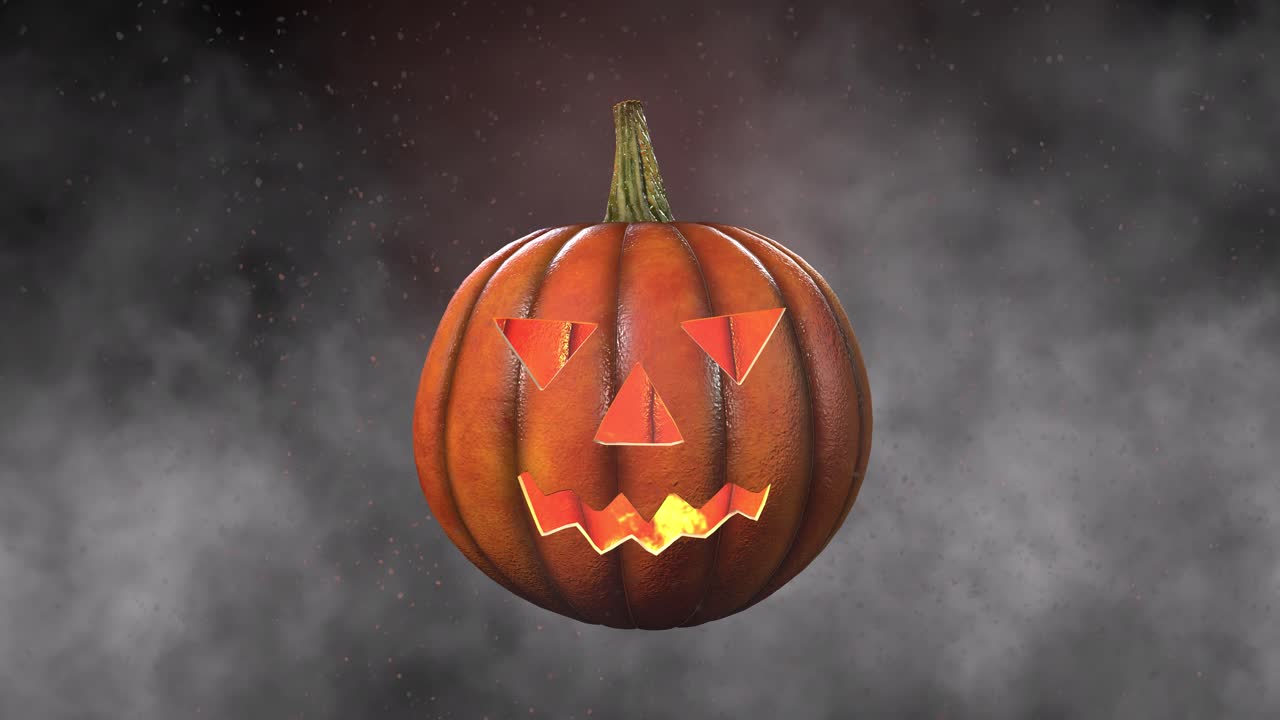 Halloween pumpkin with fire burning inside it, dust particles, and fog, jumping on black background 3D animation