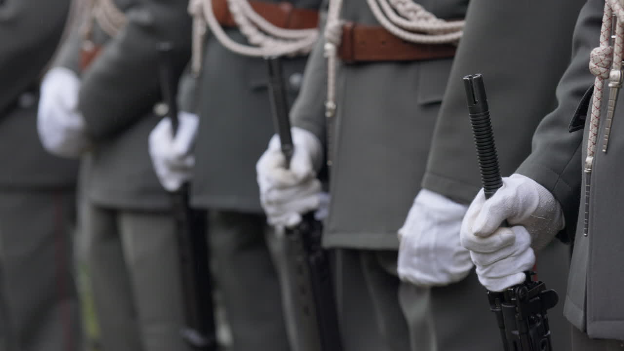 Soldiers in Formation with Rifles and White Gloves