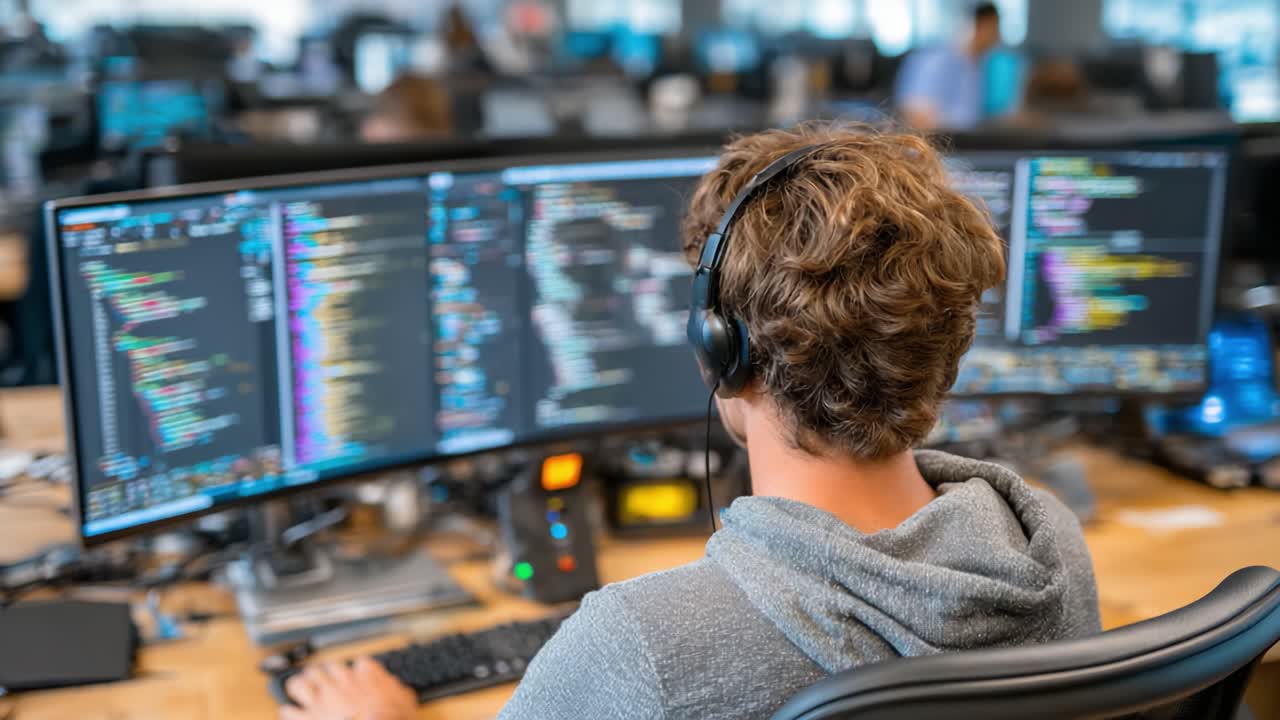 Soustředěný vývojář analyzuje kód v moderním pracovním prostoru obklopeném několika monitory, přičemž upřednostňuje efektivitu a spolupráci v technologickém prostředí
