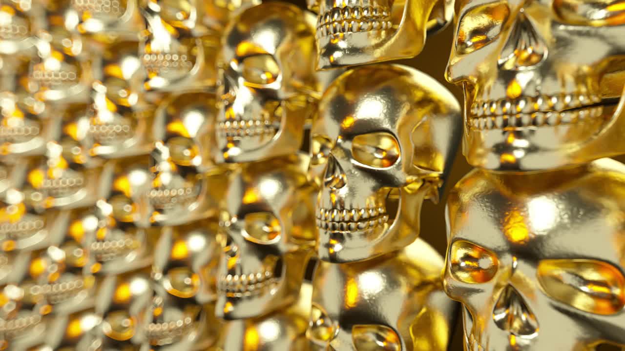 골드 텍스처드 두개골의 벽: 끔찍한 할로윈 컨셉, 원활한 루프 3d 렌더링