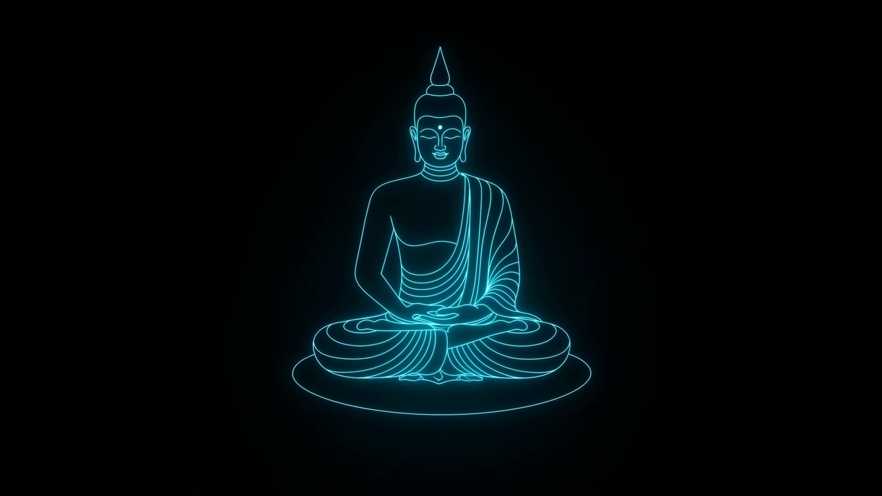 Statua di Buddha in posa, su sfondo scuro, con statue di Buddha, da una prospettiva frontale, con accenti neri e blu, e un'atmosfera serena e spirituale, che mostra oggetti vicini e l'ambiente circostante.