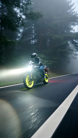 Motorcycle Rider on a Foggy Road at Night