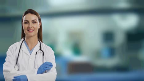 Portrait-of-caucasian-female-doctor-with-arms-crossed-smiling-against-hospital-in-background