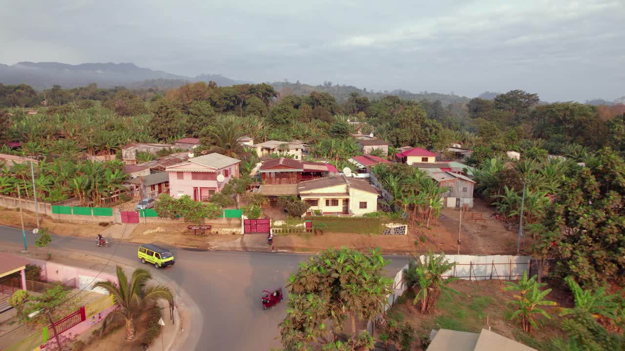 Aerial view of São Tomé Countryside with buildings and road