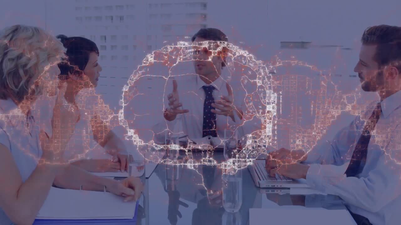 animación del cerebro humano y el adn moviéndose sobre colegas multirraciales discutiendo en la sala de juntas