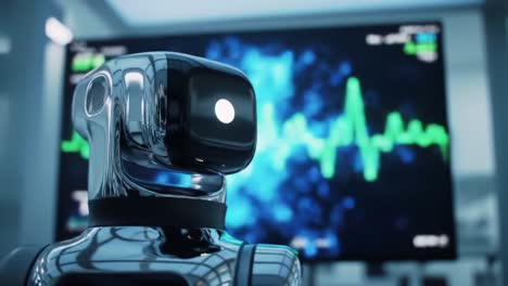 a futuristic robot analyzing data signals on a screen: exploring connections between robotics and digital information in a high-tech environment