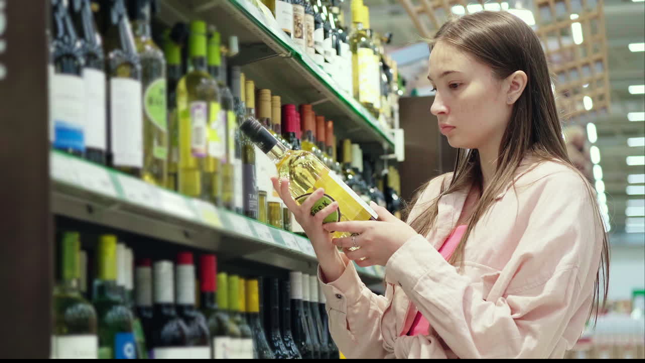 una adolescente eligiendo vino en un supermercado