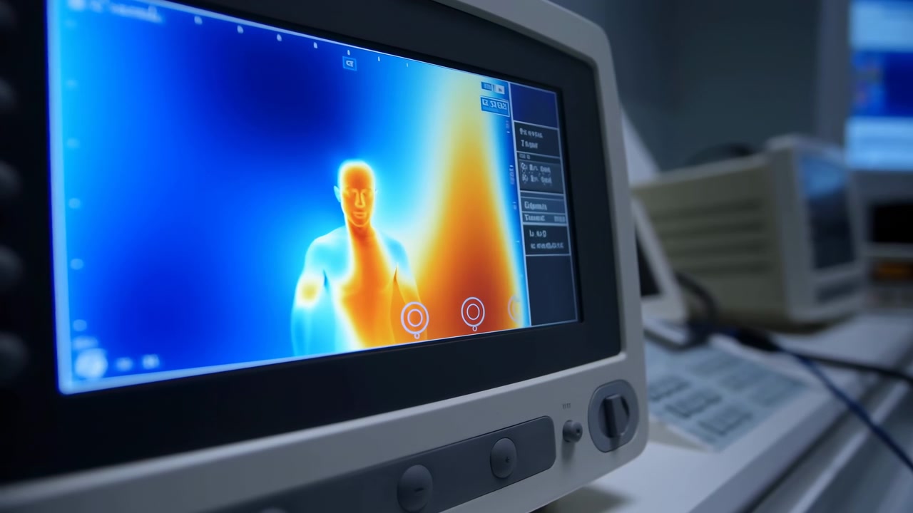 A close view of a diagnostic display shows a human figure in thermal colors beside medical equipment, with a blurred clinical interior and cool ambient