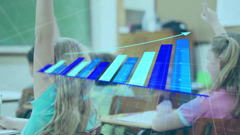 animación de diagrama sobre diversos escolares levantando las manos en el aula