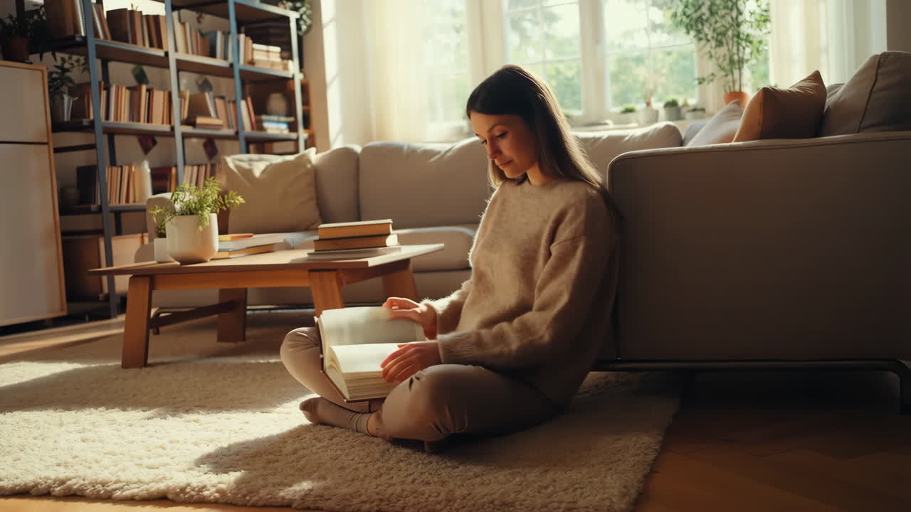 편안한 거실에서 책을 읽는 여자