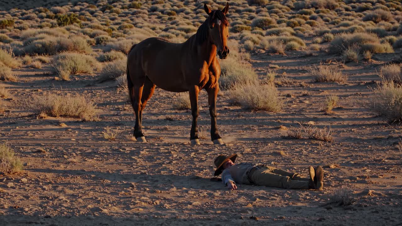 Cowboy resting in the desert with a horse