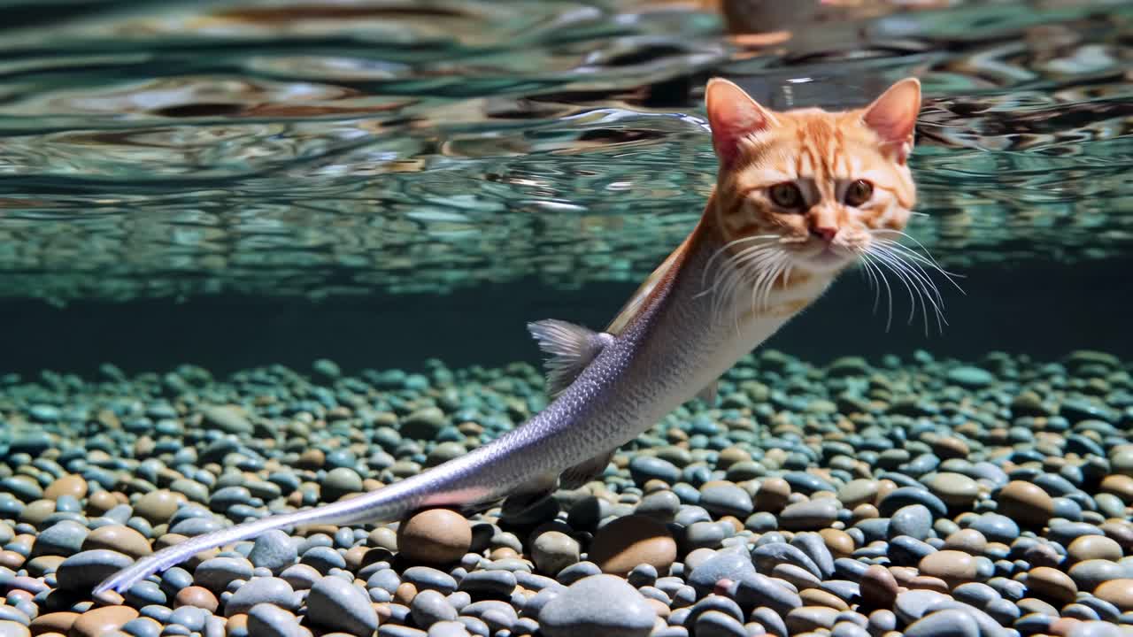 Cat with fish tail underwater