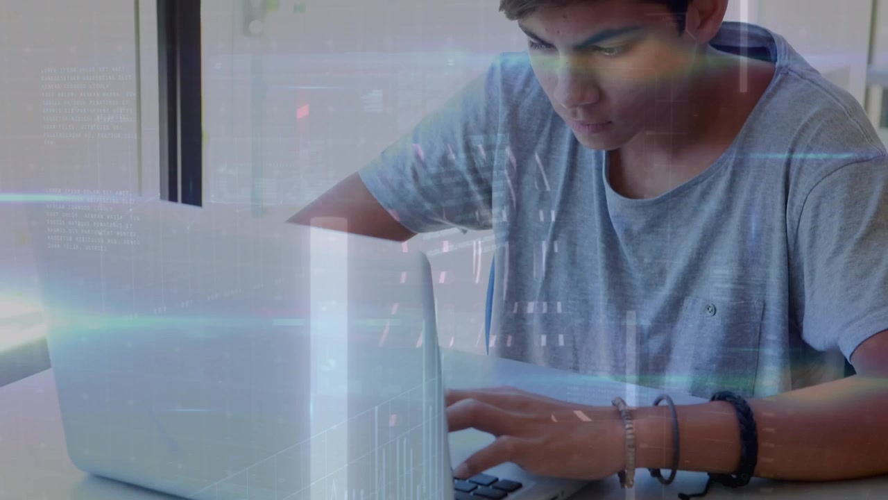Animation of statistics and data processing over business people using laptop