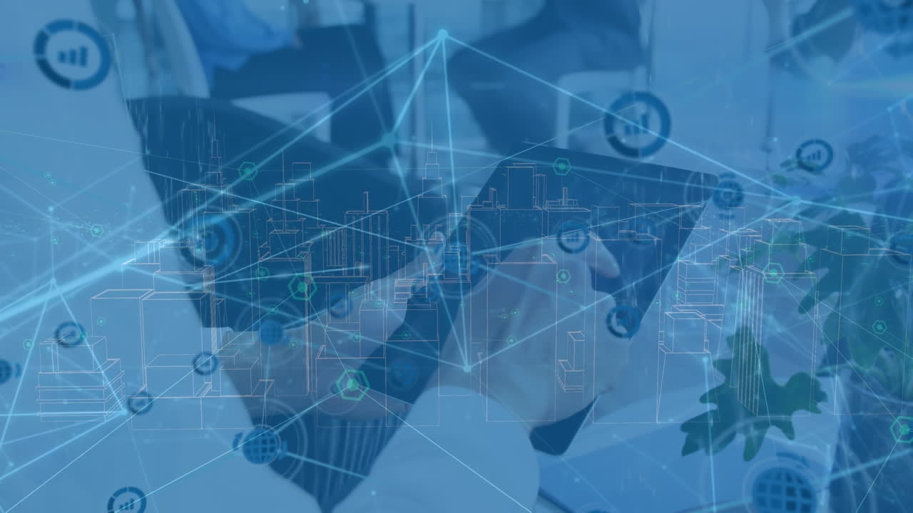 연결과 메타버스 시티의 애니메이션을 태블릿을 사용하는 백인 남자의 손으로