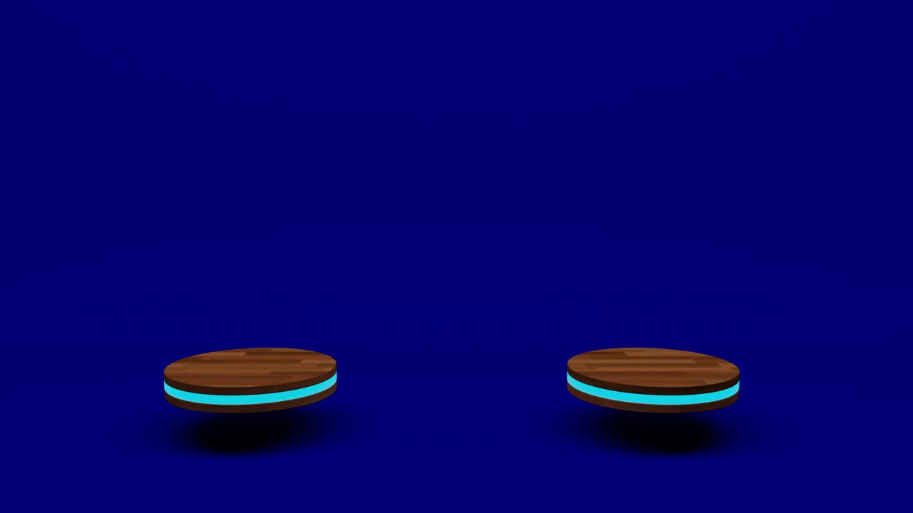 Wooden product stand futuristic or podium pedestal on empty display growing flashing light with blue backdrops. 3D rendering. seamless loop.