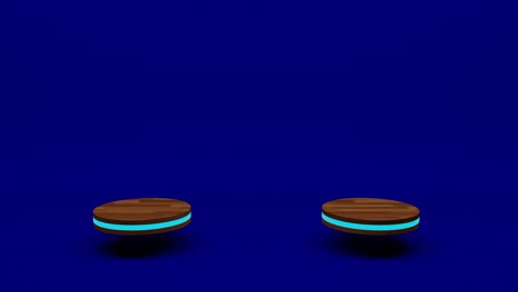 wooden product stand futuristic or podium pedestal on empty display growing flashing light with blue backdrops. 3d rendering. seamless loop.