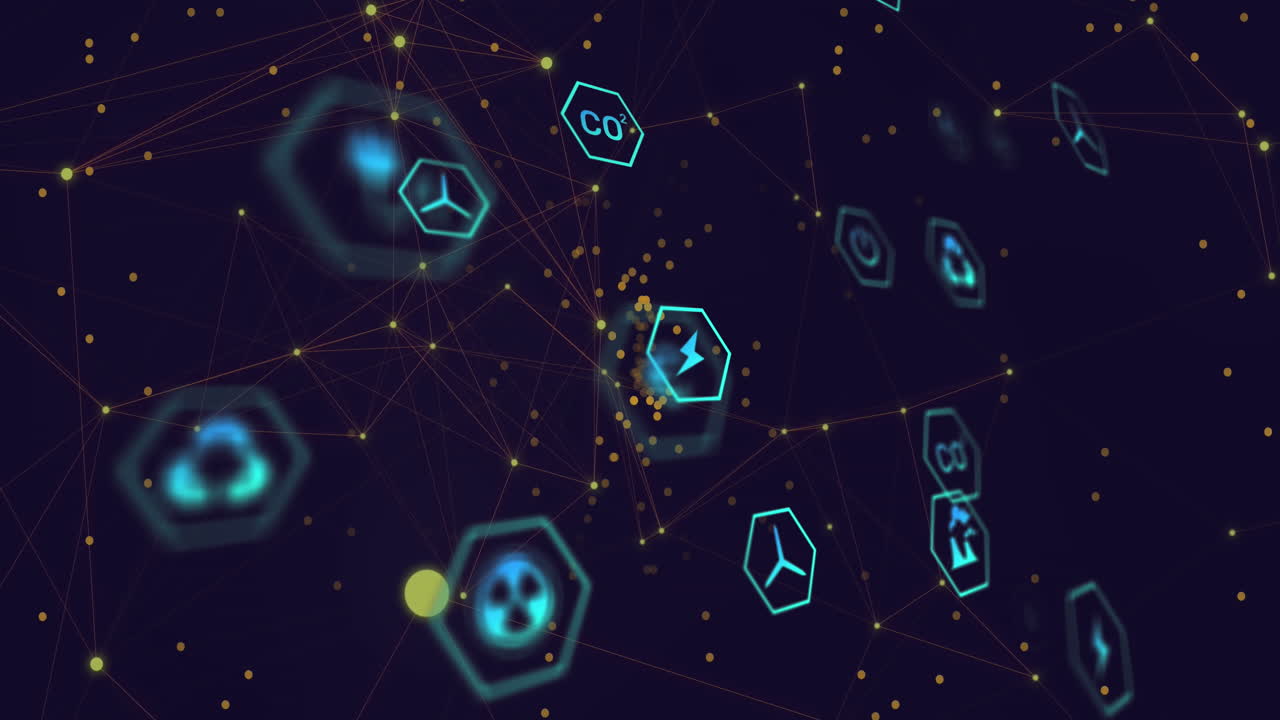 Animation of multiple digital icons, yellow spots and network of connections against blue background