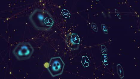 animación de múltiples iconos digitales, puntos amarillos y red de conexiones contra un fondo azul