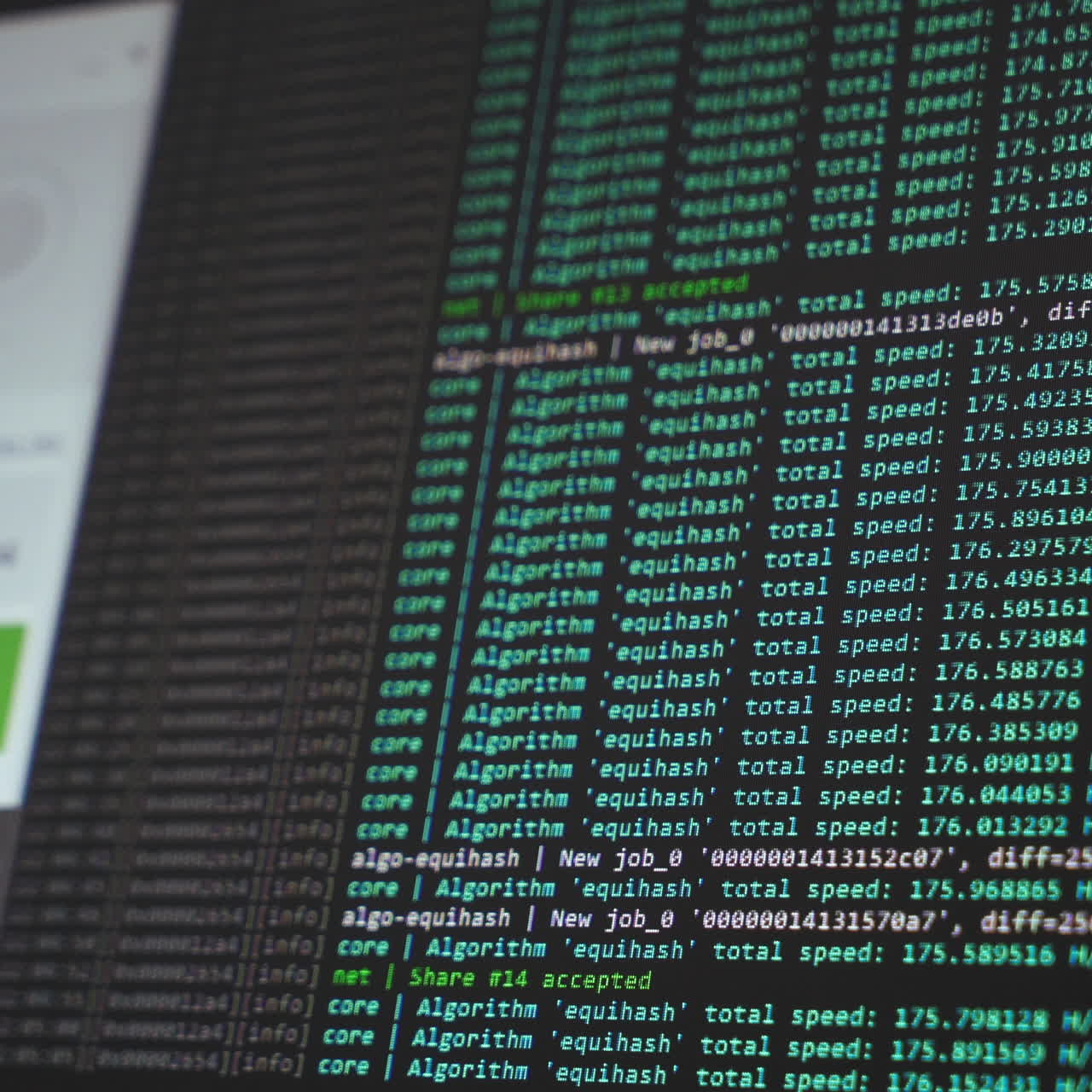 Screen display of cryptocurrency mining. Crypto farm. Mining farm. Software code