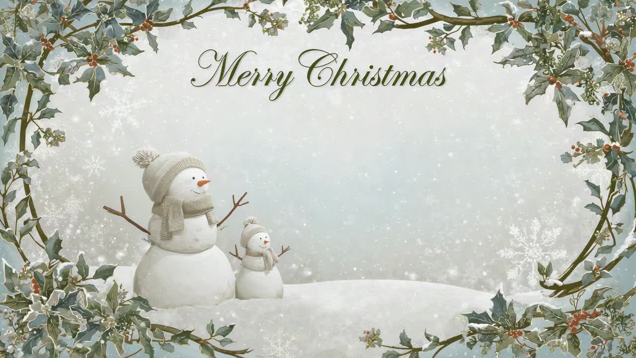 Starting loop, drifting snow passing pair snowmen wearing knit-scarf for Christmas card, copy space