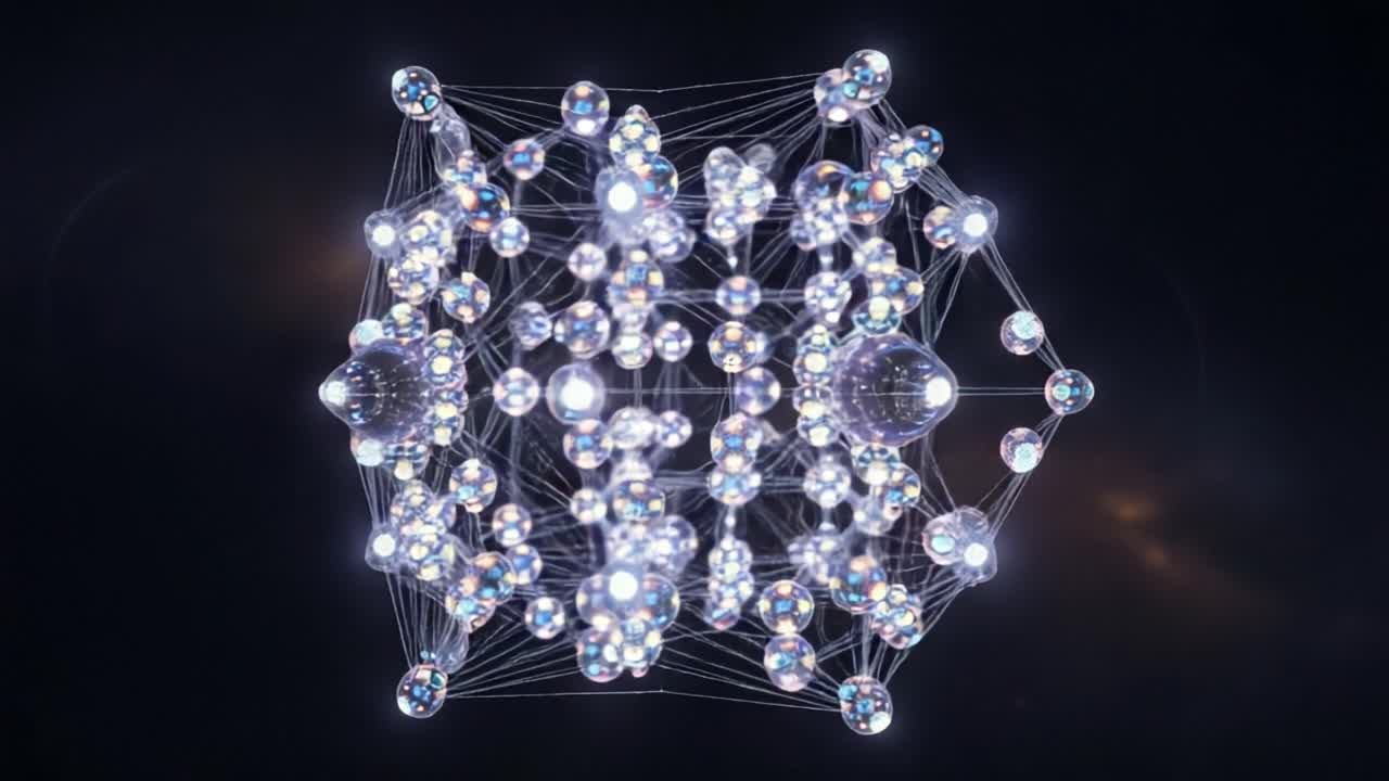 A Stunning Visualization of a Complex Crystal Structure with Interconnected Spheres and Vibrant Light Reflections Capturing the Essence of Molecular Geometry