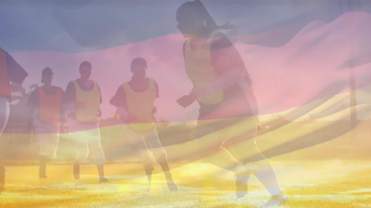 animación de la bandera de alemania sobre diversas jugadoras de rugby