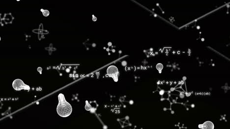 animación de iconos de bombillas y ecuaciones matemáticas sobre moléculas en fondo negro