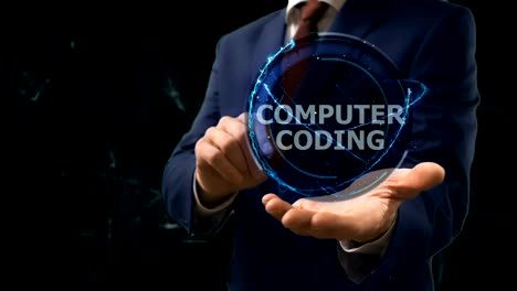 businessman shows concept hologram computer coding on his hand
