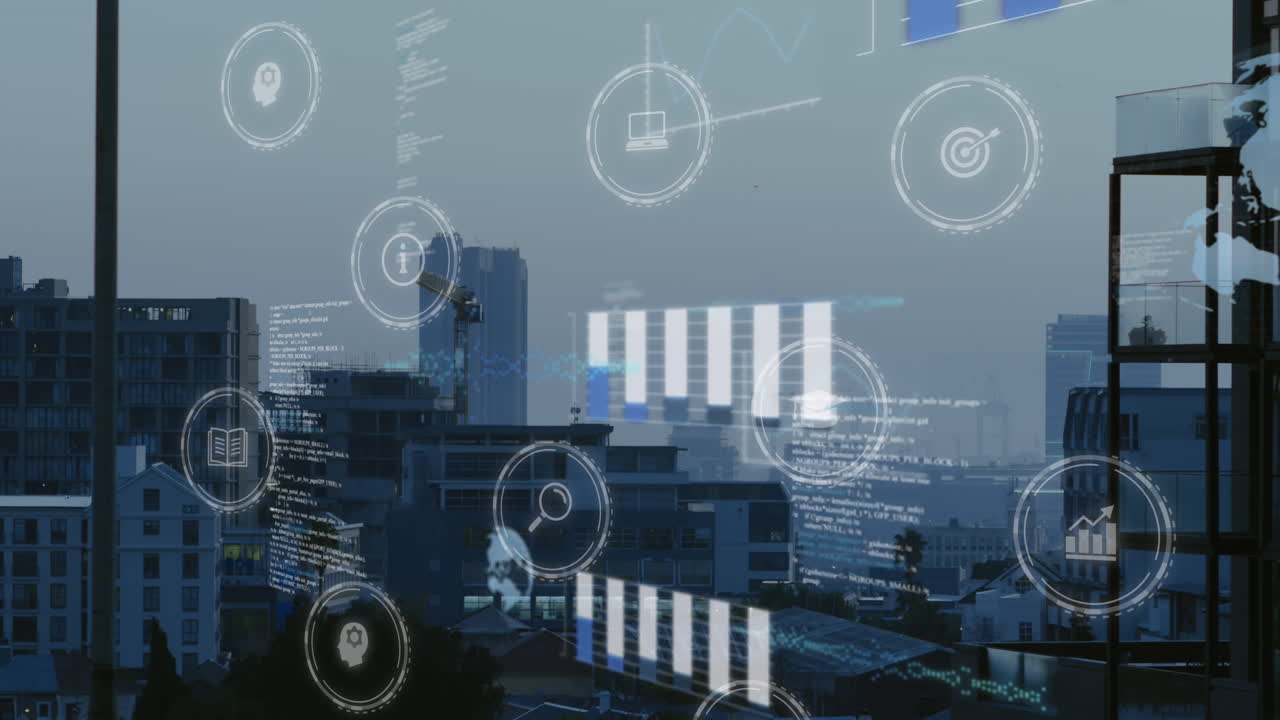 Animation of digital icons and data processing against aerial view of cityscape