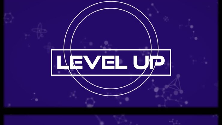 Film reel effect on level up over against molecular structures floating on blue background