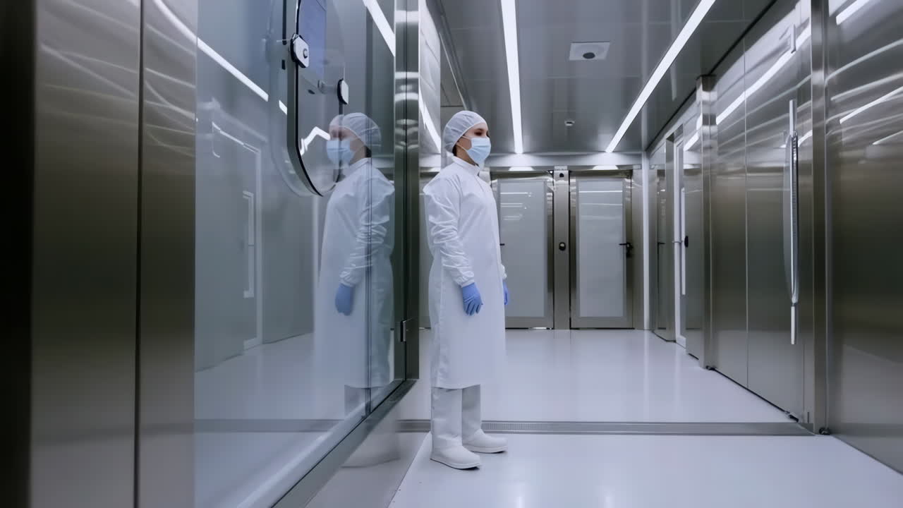 Person in a cleanroom suit standing in a sterile laboratory corridor