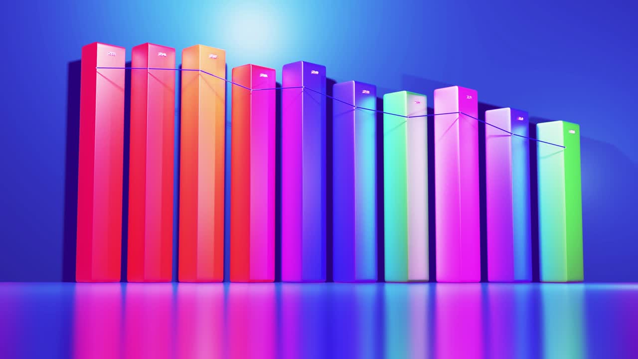 추상적인 루프 인포그래픽 배경은 파란색에 다채로운 3d 바를 가지고 있습니다. 기둥에서 그래프를 하향화합니다. 4k의 복사 공간을 가진 경제 배경. 통계 데이터의 차트로 3d 바.