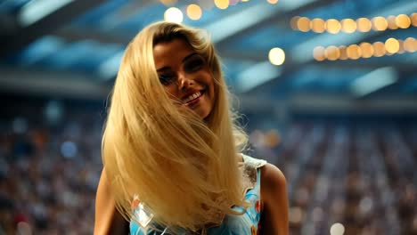 smiling woman in colorful dress at a lively event under bright lights