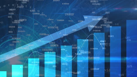 animation of financial data processing with blue arrow pointing up and numbers changing