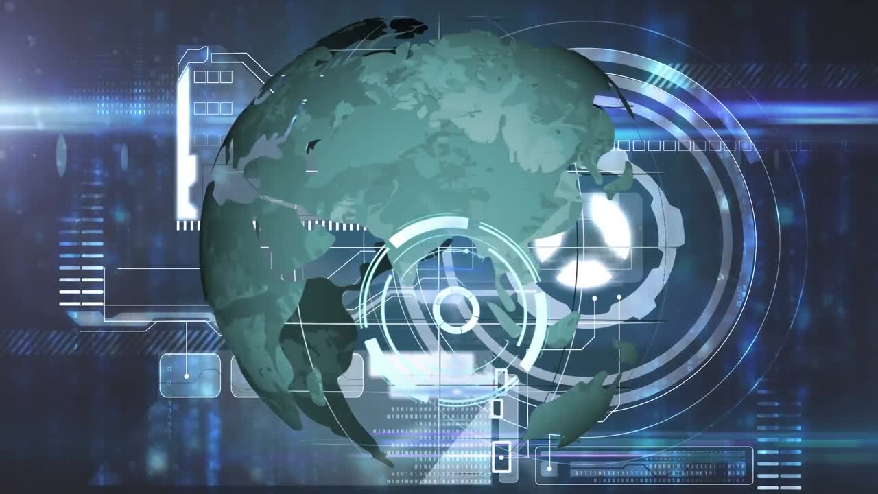 Animation of scope scanning over globe and data processing on screen