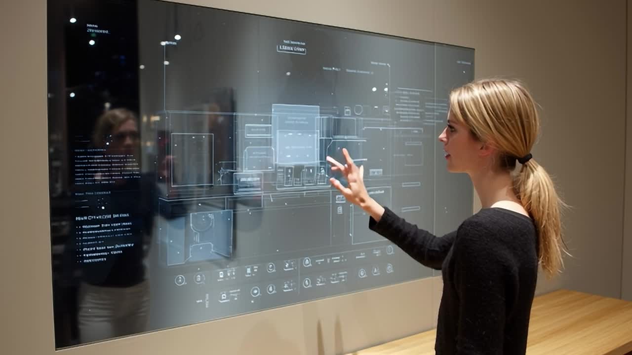 Young woman interacting with high-tech touchscreen display in modern space