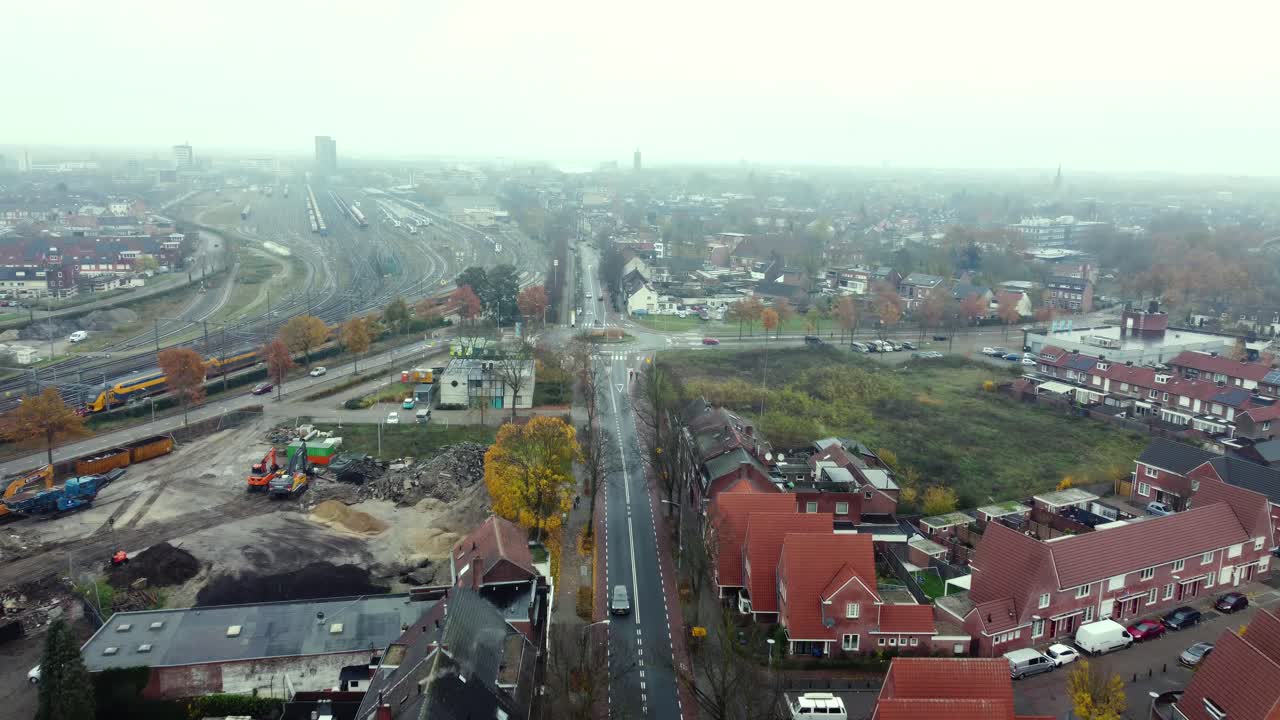 Aerial view of a city in foggy weather