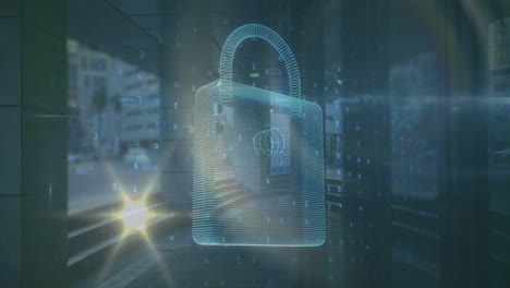 animation of padlock and financial data processing over cityscape