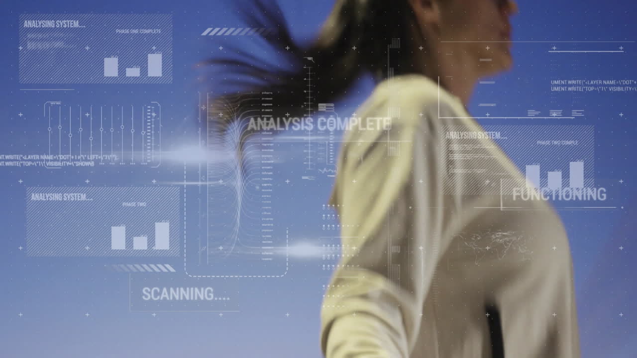 Woman holding knife outdoors, displaying technology HUD with scanning charts and analysis text