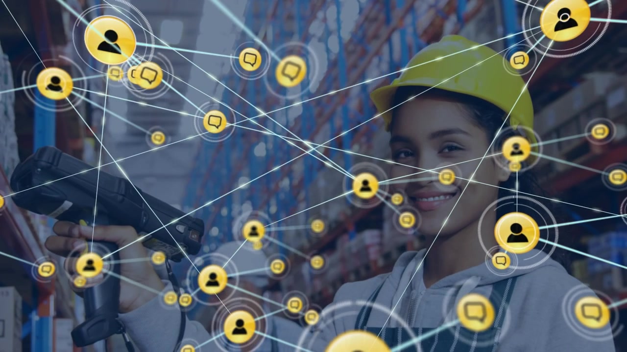 Animation of network of connections with icons over female worker in warehouse
